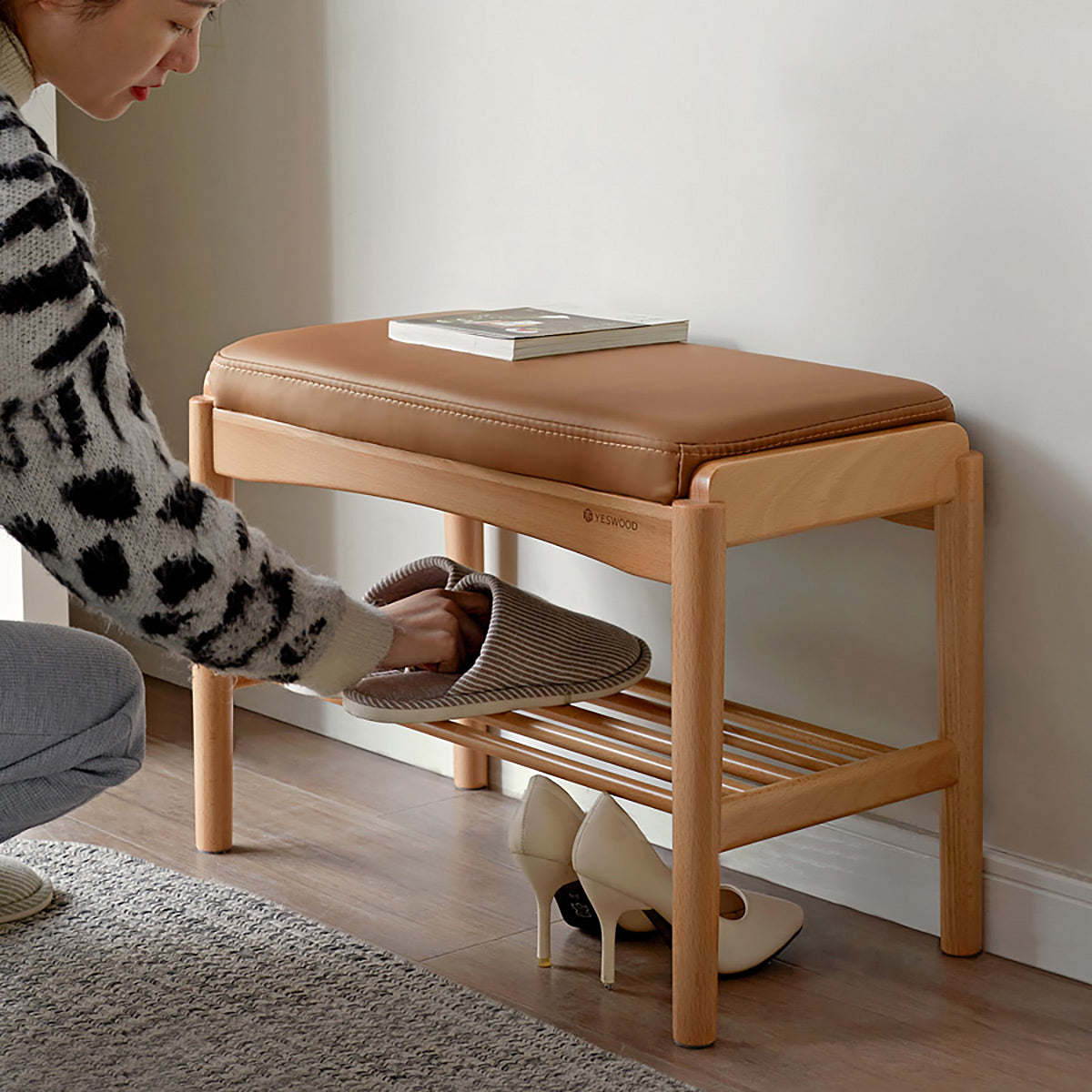 Shinta Shoe Bench With Faux Leather Cushion