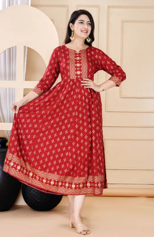 Women Printed Viscose Rayon Anarkali Kurta  (Maroon)