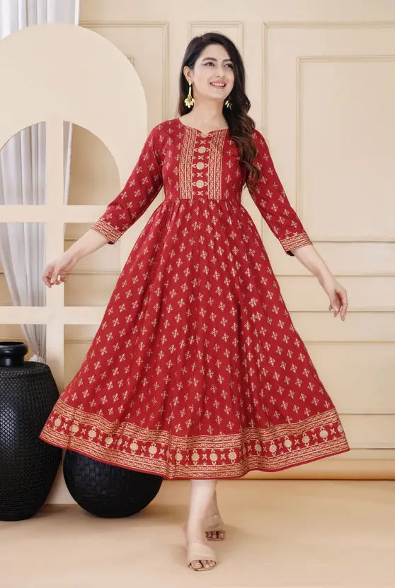 Women Printed Viscose Rayon Anarkali Kurta  (Maroon)